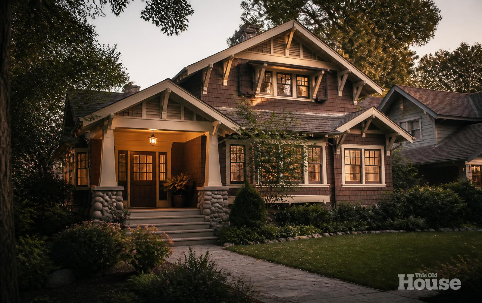 A restored early 1900s home at golden hour with original porch details